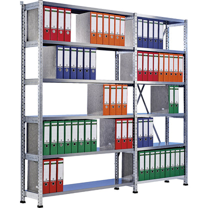 Boltless shelving units for files and archives, zinc plated, height 2280 mm, single sided, shelf WxD 800 x 300 mm, standard shelf unit.