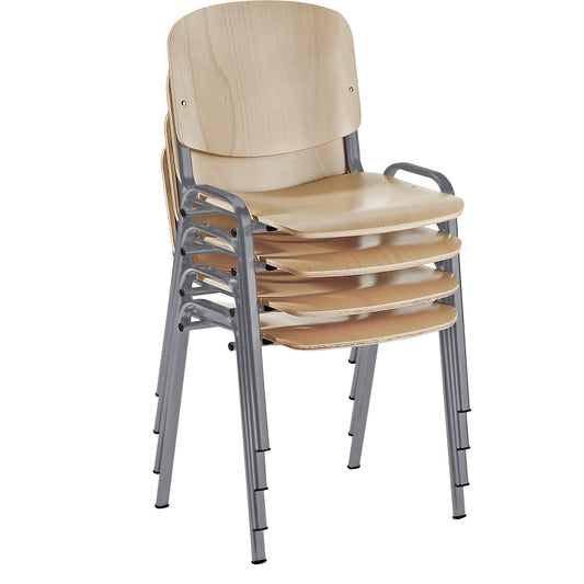 Stacking chair, ergonomic shape, beech / aluminium coloured frame, pack of 4.