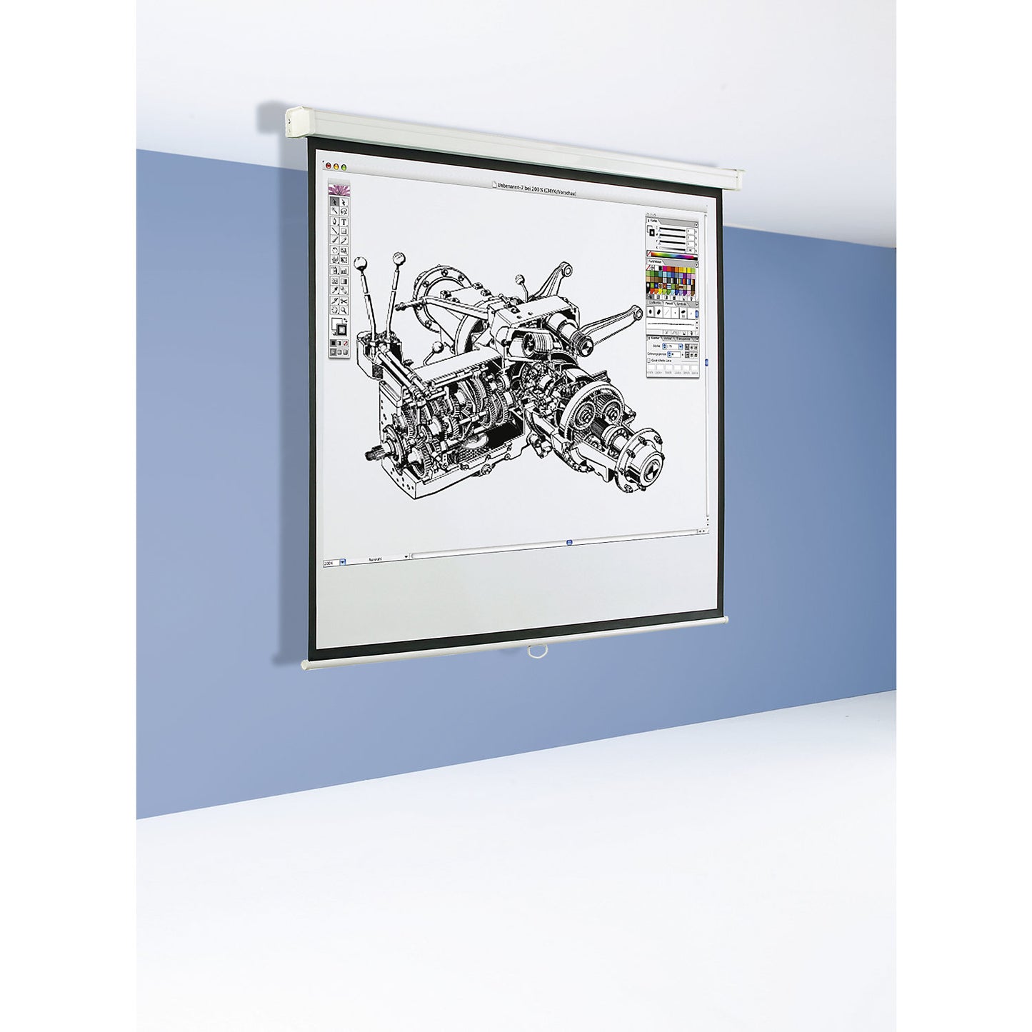 Projection screen, static, 1:1 projection format, viewing area WxH 1470 x 1530 mm.