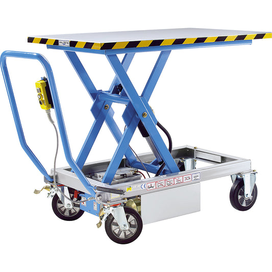 Scissor lift platform truck, max. load 1000 kg, electrohydraulic, lifting range 460 - 1070 mm, elastic tyres.