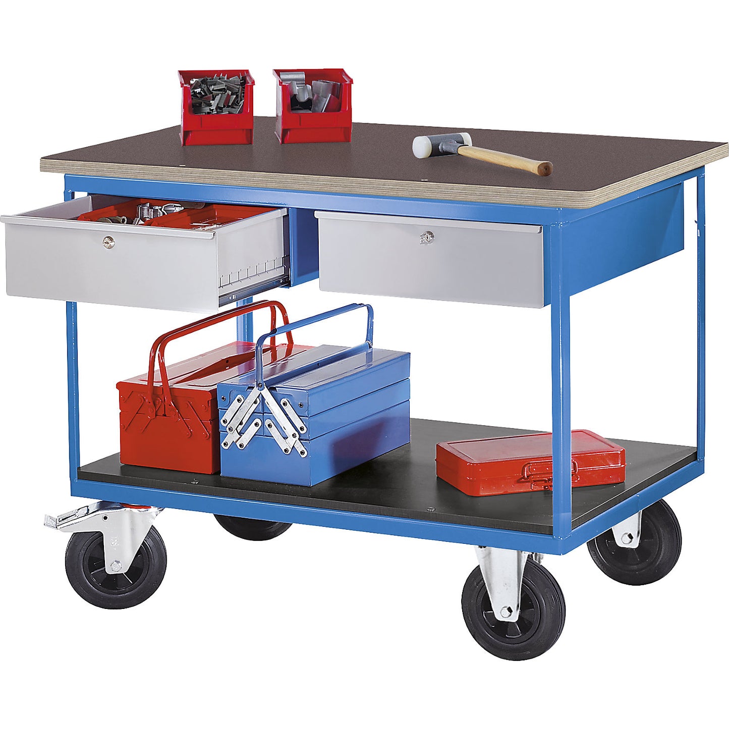 Assembly trolley, 2 drawers, light blue body, fronts in white aluminium.