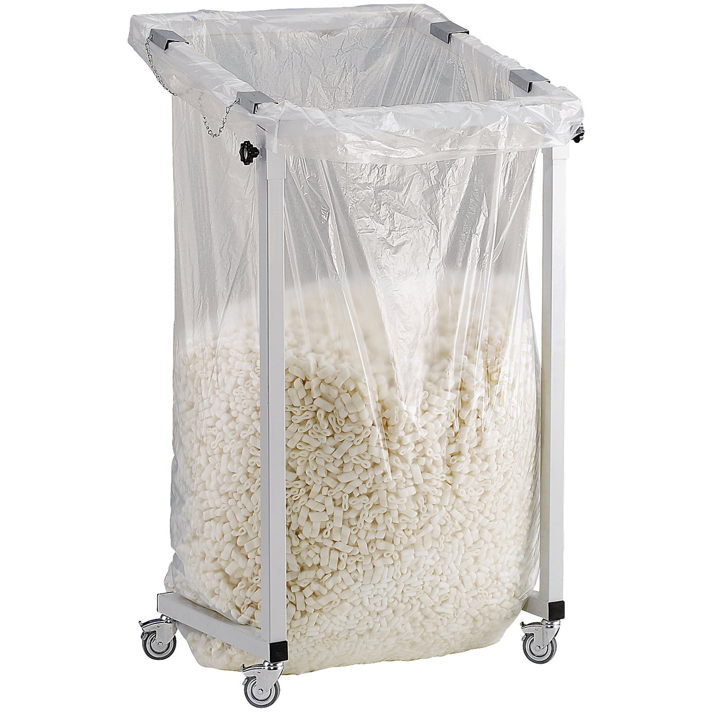 Large-capacity waste sack holder, for capacity 1000 l, mobile, made of square tubing.