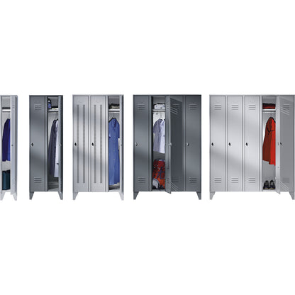 Berlin 2 clean and dirty locker, centre divider, 2 compartments, blue grey, width 1200 mm, sloping roof shape.