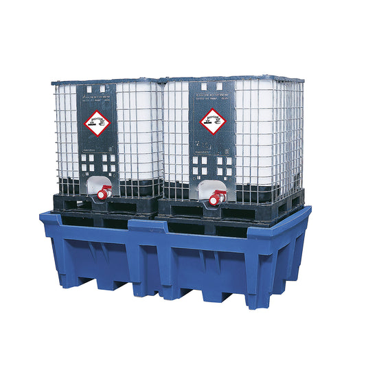 PE sump tray for IBC/CTC tank containers, sump capacity 1000 l, for 2 containers, with PE support grate.
