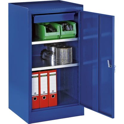 Tool cupboard, with 1 drawer, 2 shelves, height adjustment grid 25 mm, gentian blue RAL 5010.