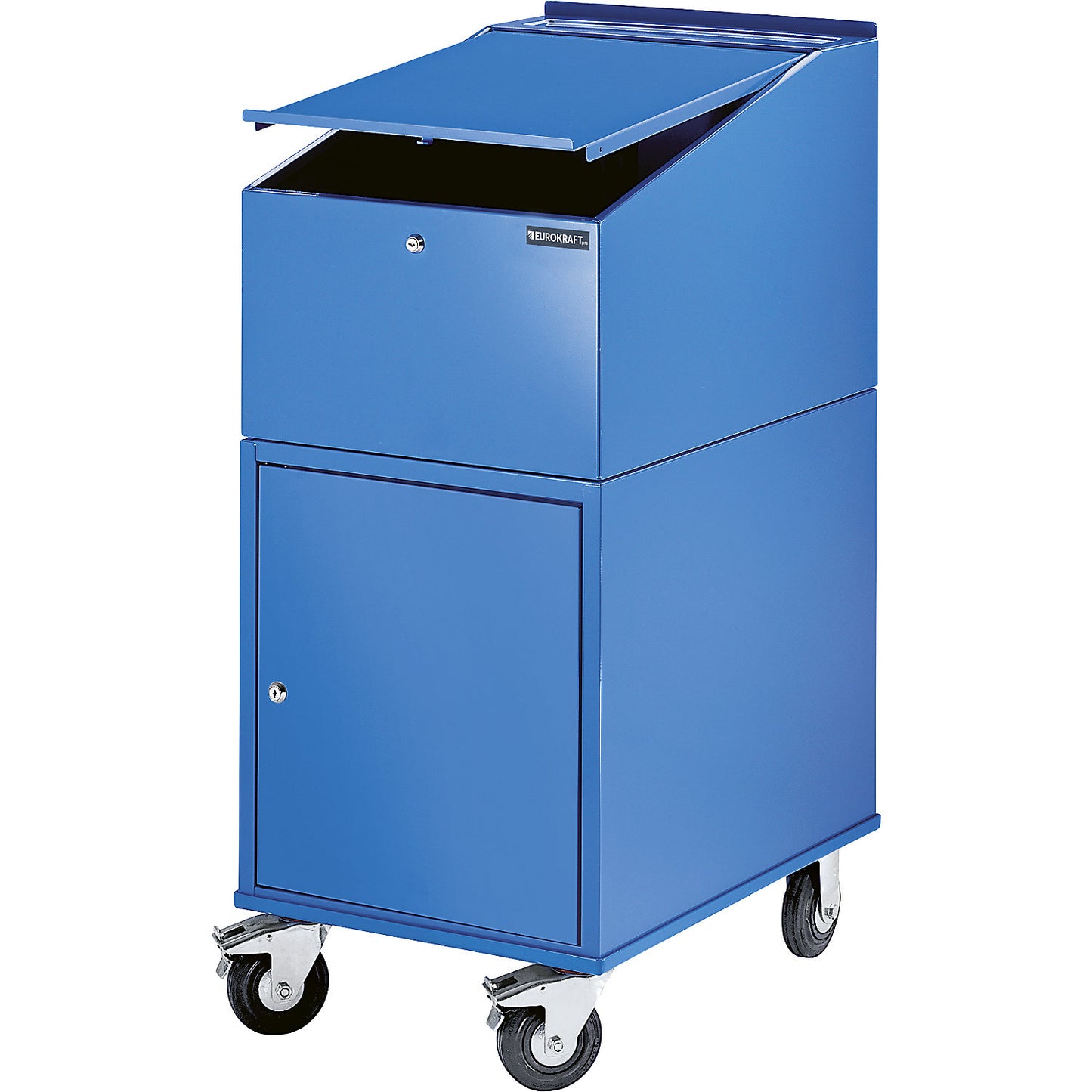 Roller desk, with cupboard incl. 2 shelves, colour light blue RAL 5012.