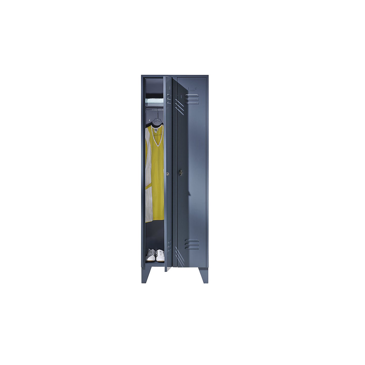 Berlin 2 clothes locker, 2 compartments, blue grey, width 800 mm, flat roof shape.