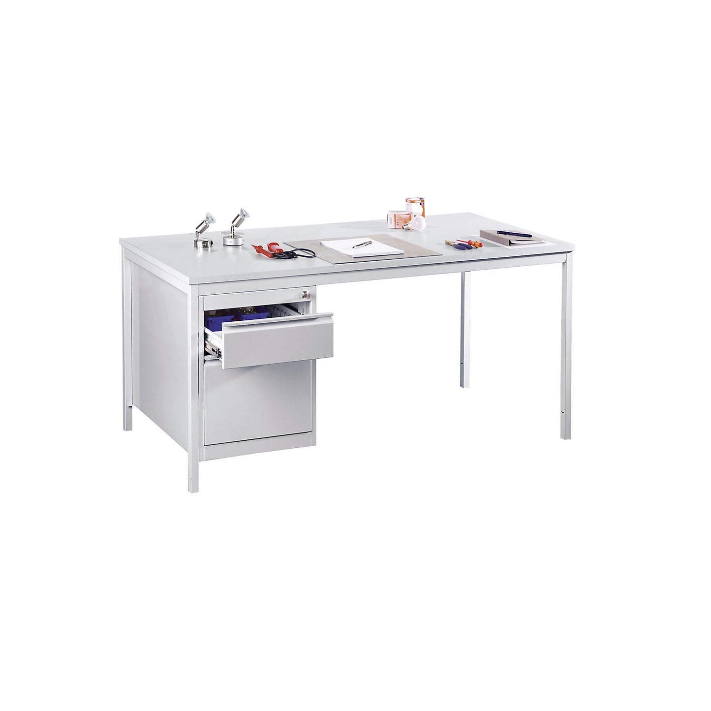 Foreman's desk, light grey, drawers 1 x 140 mm, 1 x 280 mm, WxD 1400 x 800 mm.