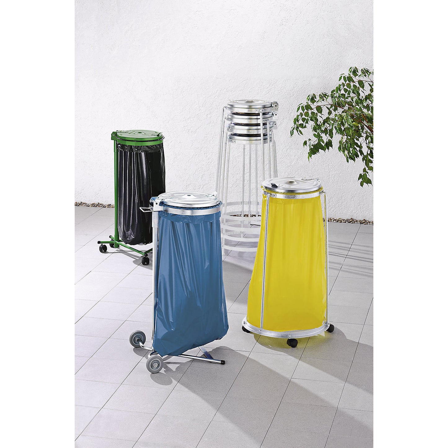 Waste sack stand, 3-leg frame, for 120 l capacity, with castors, height 1010 mm.