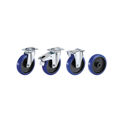 Full-elastic tyres on plastic rims, wheel Ø x width 125 x 36 mm, swivel castor with double stop.