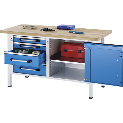 Workbench, frame construction, width 1500 mm, 4 drawers, 1 door, light blue, solid beech.