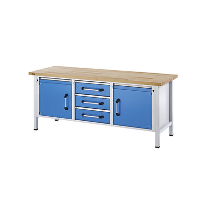 Workbench, frame construction, width 2000 mm, 3 drawers, 2 doors, universal worktop.