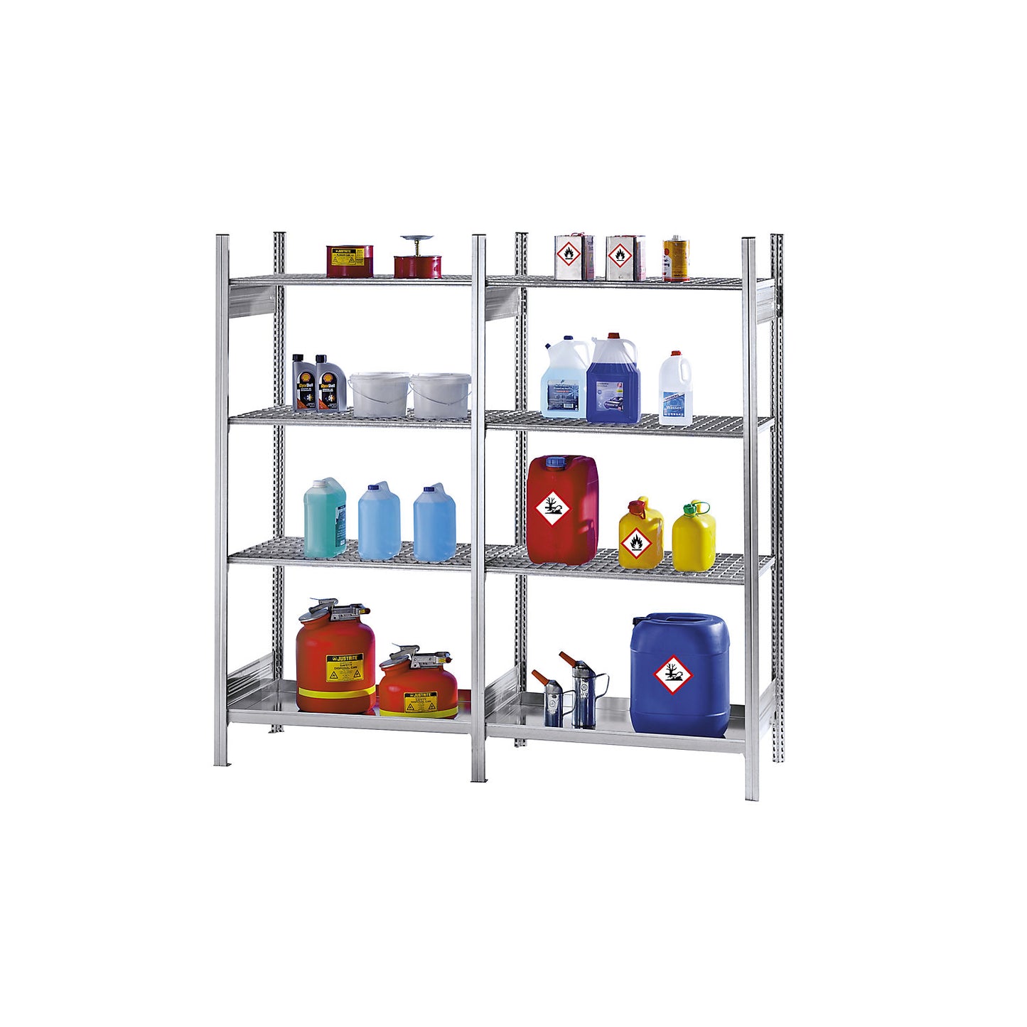 Hazardous substance shelving for small containers for water-polluting and flammable substances, 3 mesh shelves, 1 tray shelf, standard shelf unit, shelf width 1300 mm.