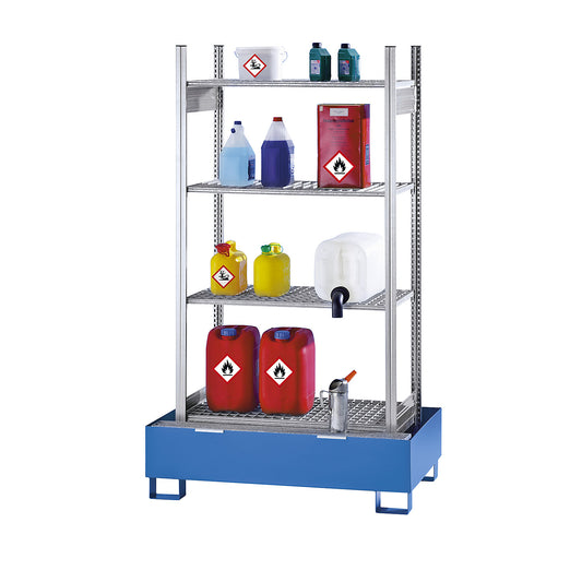 Hazardous goods shelving for small containers, for water hazardous and flammable media, 4 mesh shelves, 1 base sump tray, sump tray painted blue.