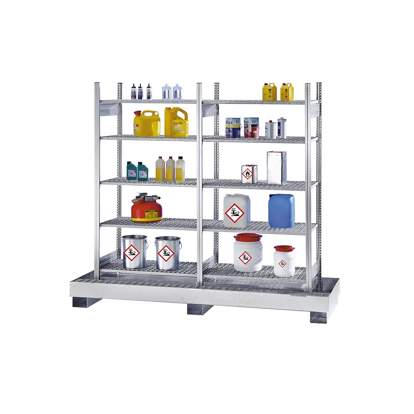 Hazardous goods shelving for small containers, for water hazardous and flammable media, 8 mesh shelves, 1 base sump tray, sump tray hot dip galvanised.