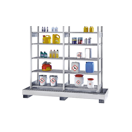 Hazardous goods shelving for small containers, for water hazardous and flammable media, 8 mesh shelves, 1 base sump tray, sump tray hot dip galvanised.