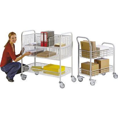Office and mail distribution trolley, max. load 200 kg, white aluminium, LxWxH 1005 x 380 x 1245 mm, 2 shelves.