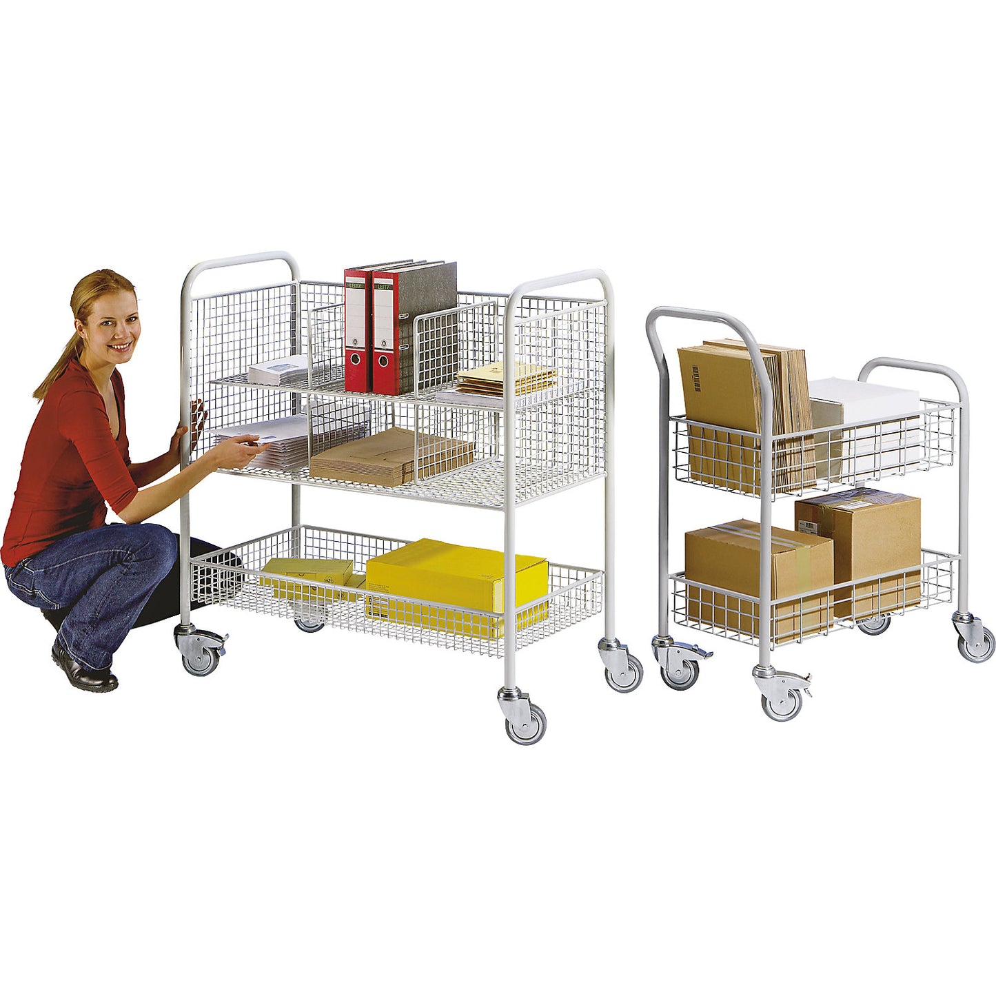 Office and mail distribution trolley, max. load 200 kg, white aluminium, LxWxH 890 x 380 x 1010 mm, 2 shelves.