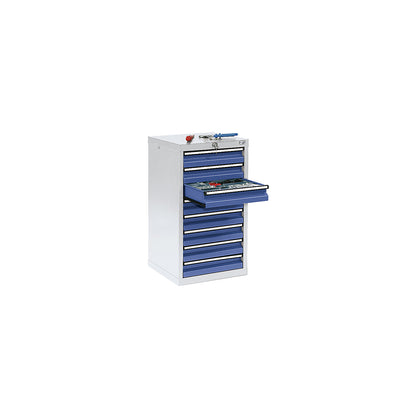 Drawer cupboard, HxWxD 900 x 500 x 500 mm, 8 x 100 mm high drawers, light grey body, gentian blue drawers.