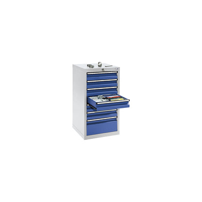 Drawer cupboard, HxWxD 900 x 500 x 500 mm, 6 x 100 mm drawers, 1 x 200 mm high drawer, light grey body, gentian blue drawers.
