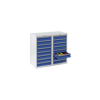 Drawer cupboard, HxWxD 900 x 1000 x 500 mm, 16 x 100 mm high drawers, grey body, gentian blue drawers.