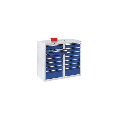 Drawer cupboard, HxWxD 900 x 1000 x 500 mm, 12 x 100 mm high drawers, 2 x 200 mm high drawers, body and drawers, grey.