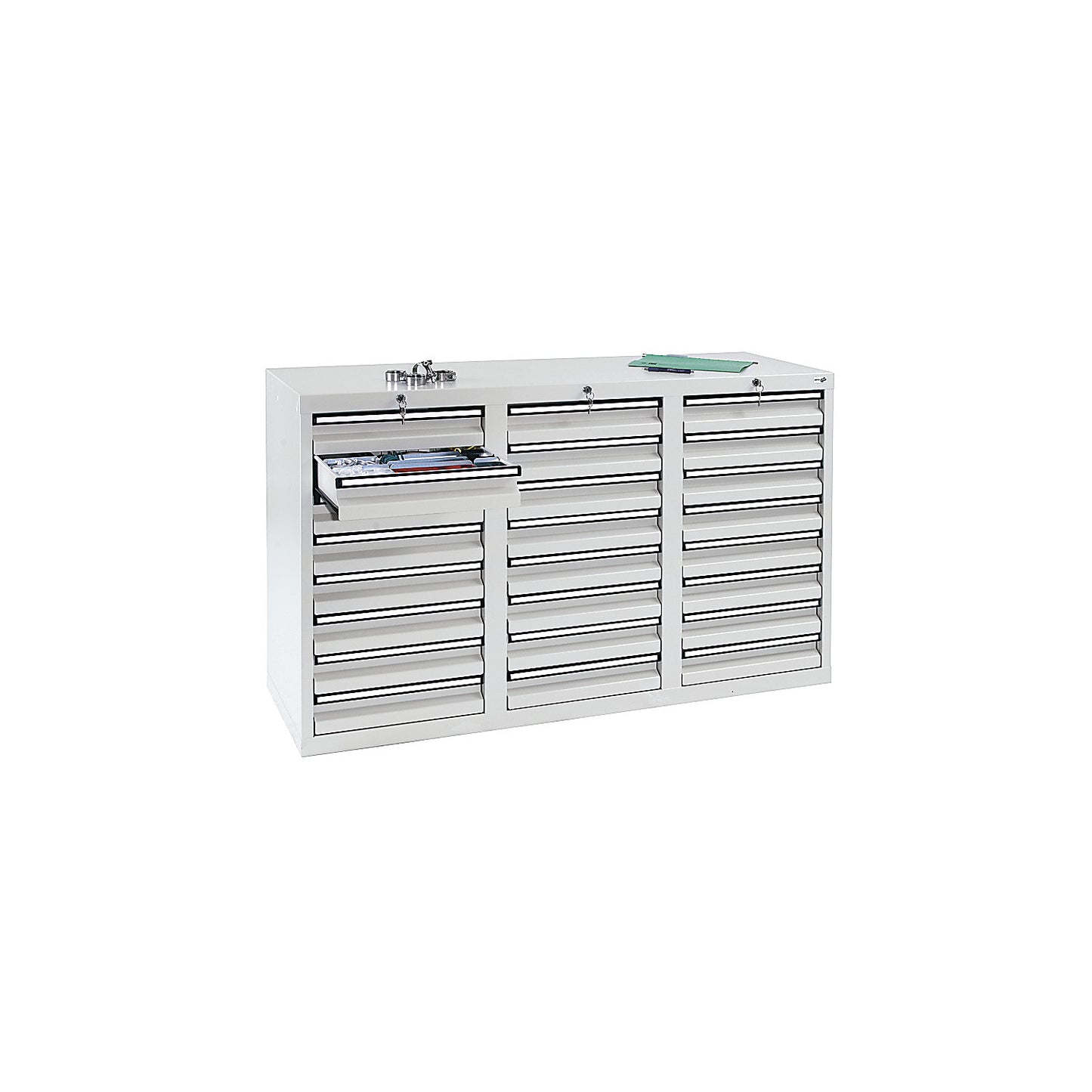 Drawer cupboard, HxWxD 900 x 1500 x 500 mm, 24 x 100 mm high drawers, body and drawers, grey.