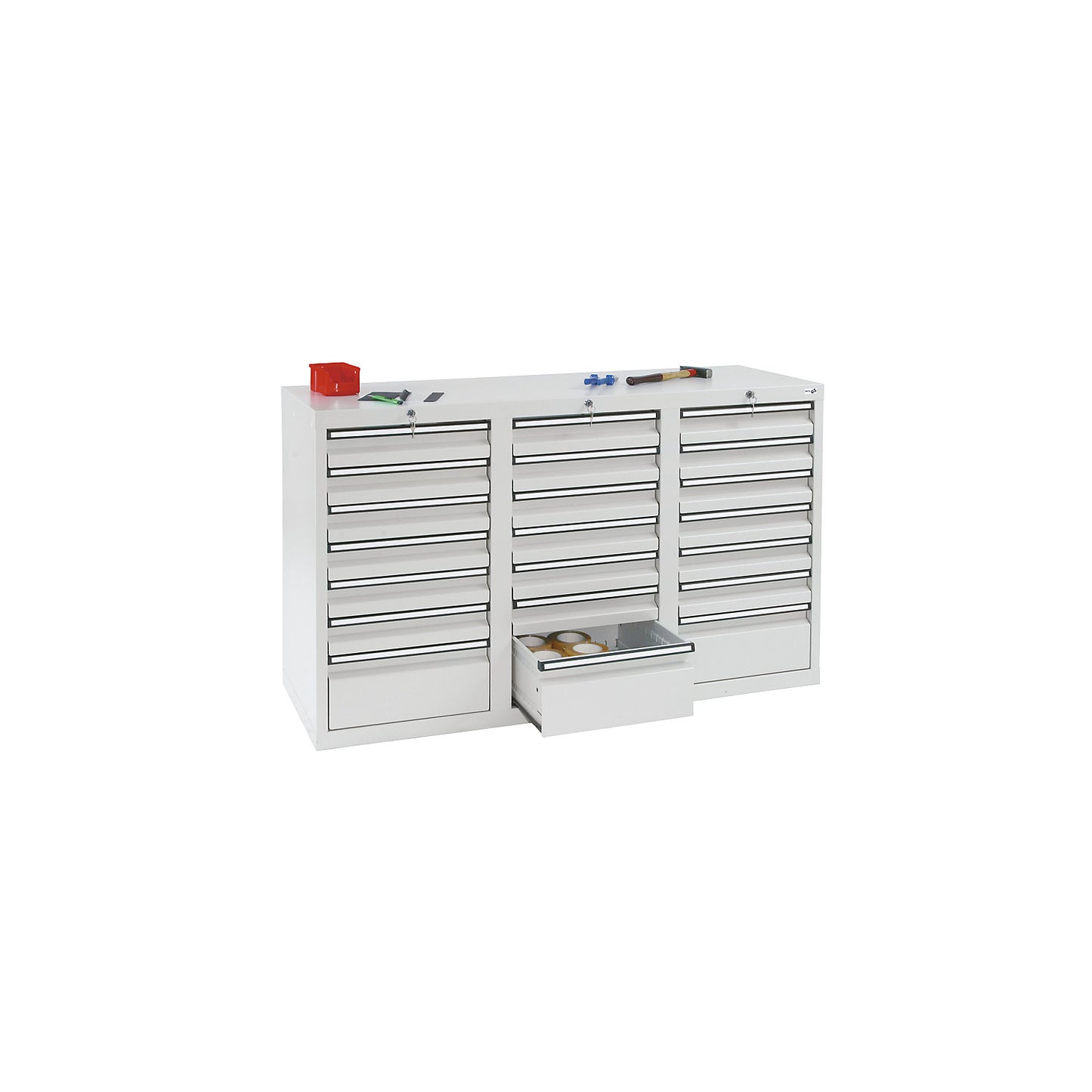 Drawer cupboard, HxWxD 900 x 1500 x 500 mm, 18 x 100 mm drawers, 3 x 200 mm high drawers, grey body and drawers.
