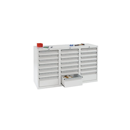 Drawer cupboard, HxWxD 900 x 1500 x 500 mm, 18 x 100 mm drawers, 3 x 200 mm high drawers, grey body and drawers.