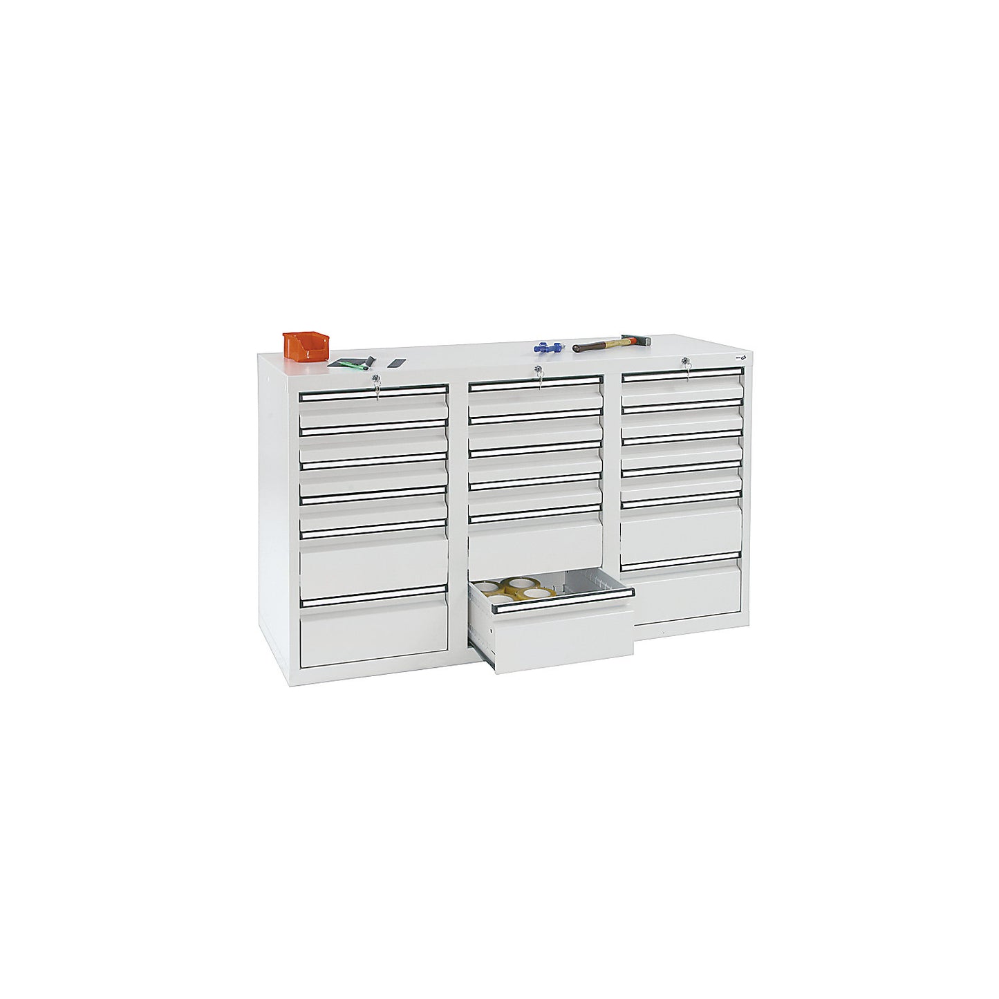 Drawer cupboard, HxWxD 900 x 1500 x 500 mm, 12 x 100 mm drawers, 6 x 200 mm high drawers, body and drawers, grey.