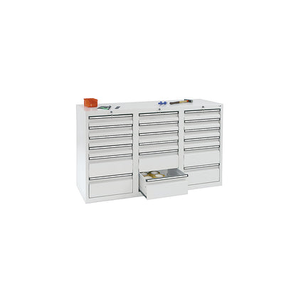 Drawer cupboard, HxWxD 900 x 1500 x 500 mm, 12 x 100 mm drawers, 6 x 200 mm high drawers, body and drawers, grey.