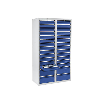 Drawer cupboard, HxWxD 1800 x 1000 x 500 mm, 26 x 100 mm drawers, 4 x 200 mm high drawers, grey body, gentian blue drawers.