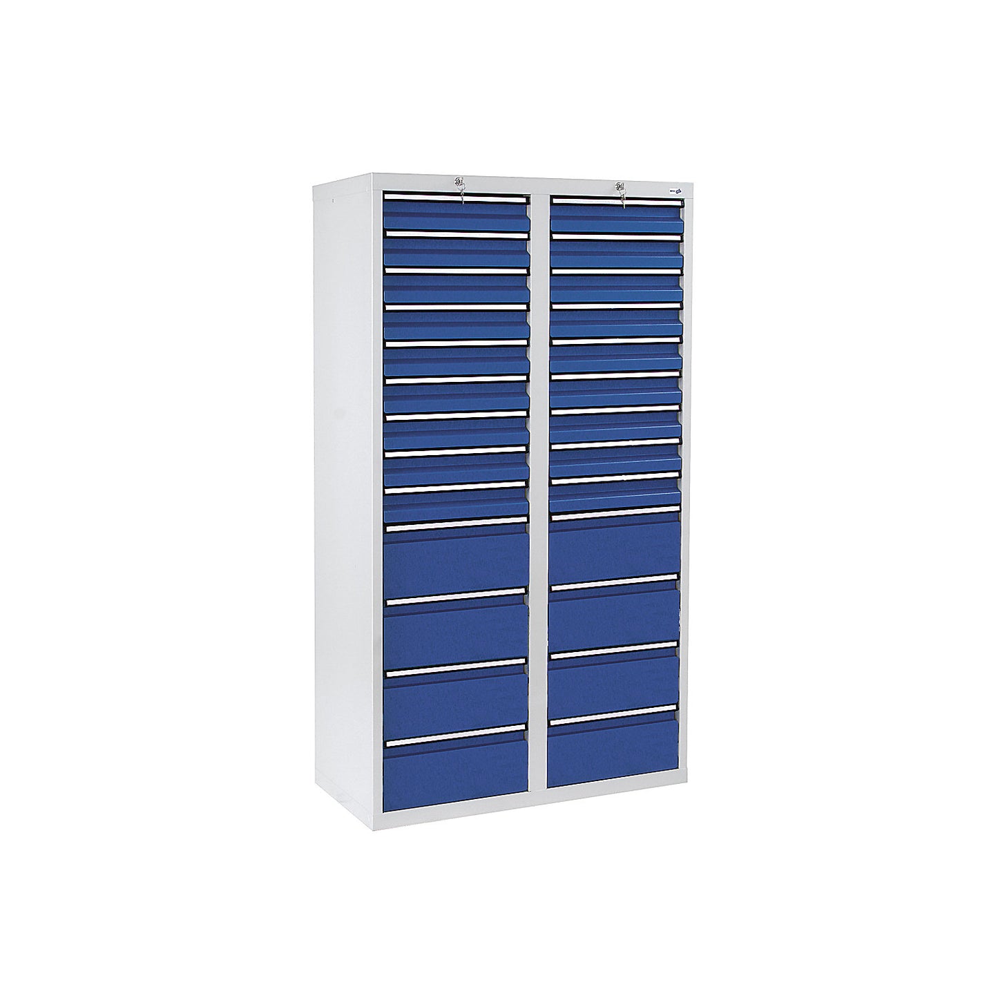 Drawer cupboard, HxWxD 1800 x 1000 x 500 mm, 18 x 100 mm drawers, 8 x 200 mm high drawers, grey body, gentian blue drawers.