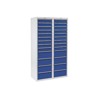 Drawer cupboard, HxWxD 1800 x 1000 x 500 mm, 18 x 100 mm drawers, 8 x 200 mm high drawers, grey body, gentian blue drawers.