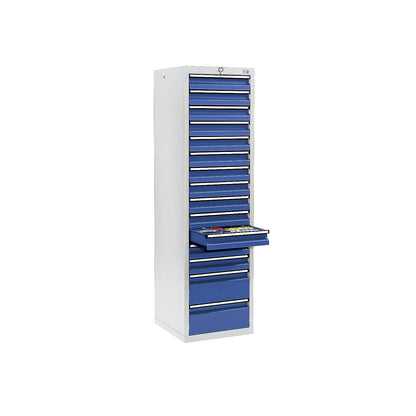 Drawer cupboard, HxWxD 1800 x 500 x 500 mm, 13 x 100 mm drawers, 2 x 200 mm high drawers, grey body, gentian blue drawers.