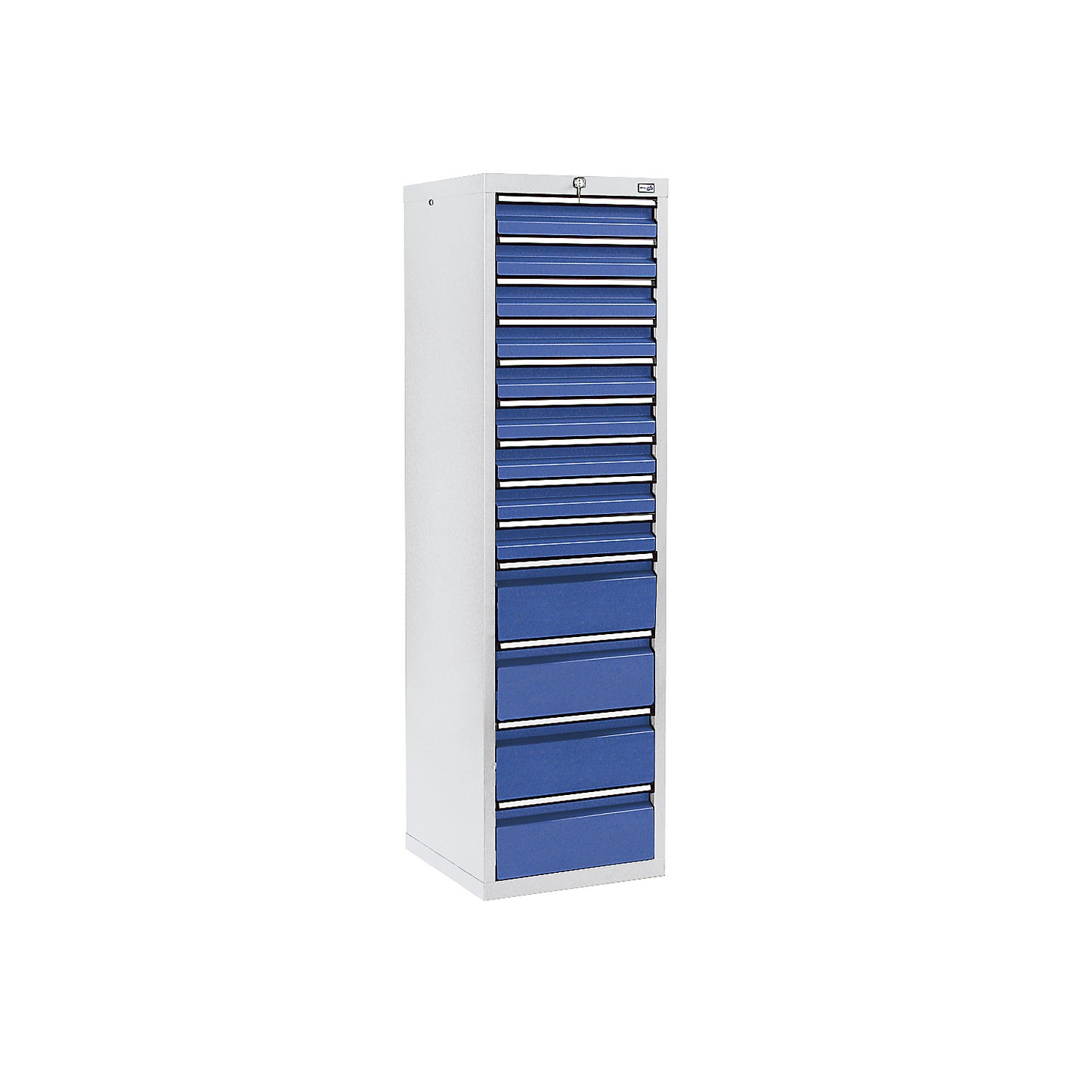 Drawer cupboard, HxWxD 1800 x 500 x 500 mm, 9 x 100 mm drawers, 4 x 200 mm high drawers, grey body and drawers.