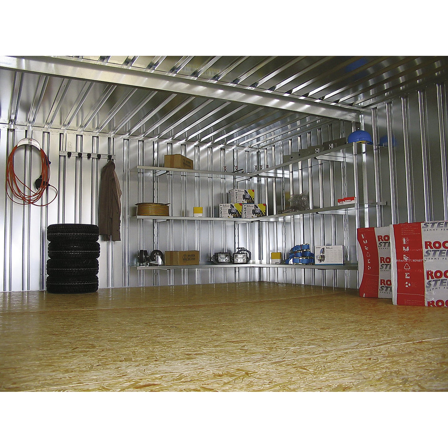 Materials container combination, zinc plated, with wooden floor, 3 modules, external width 3100 mm.