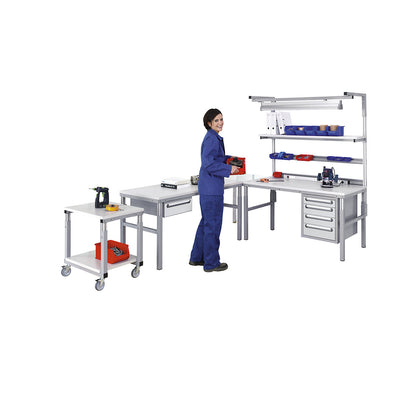 Workstation system, manual height adjustable from 650 - 1000 mm, standard table with shelf, WxD 1500 x 900 mm.