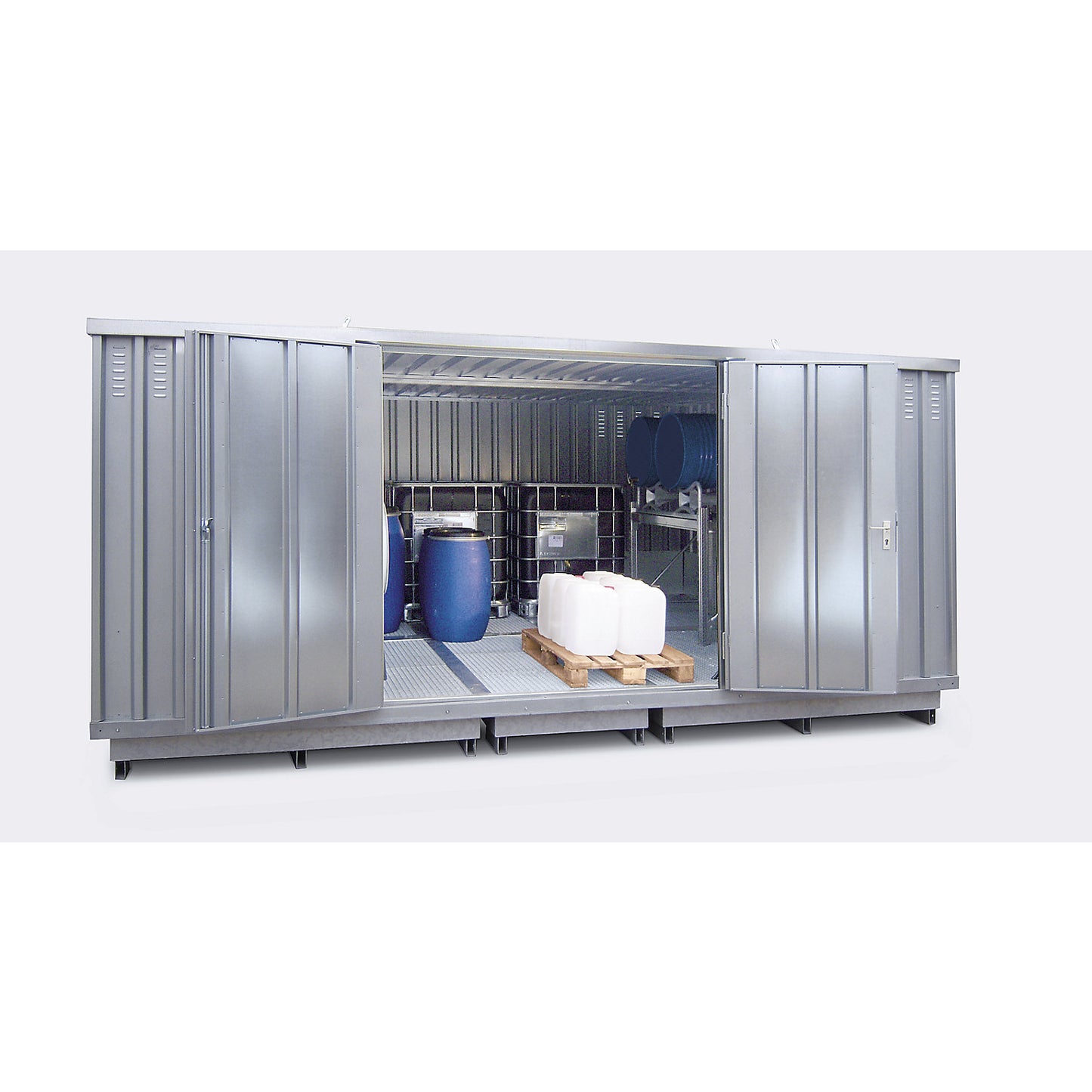 Hazardous goods storage container for water hazardous media, external HxWxD 2605 x 5075 x 6560 mm, zinc plated.