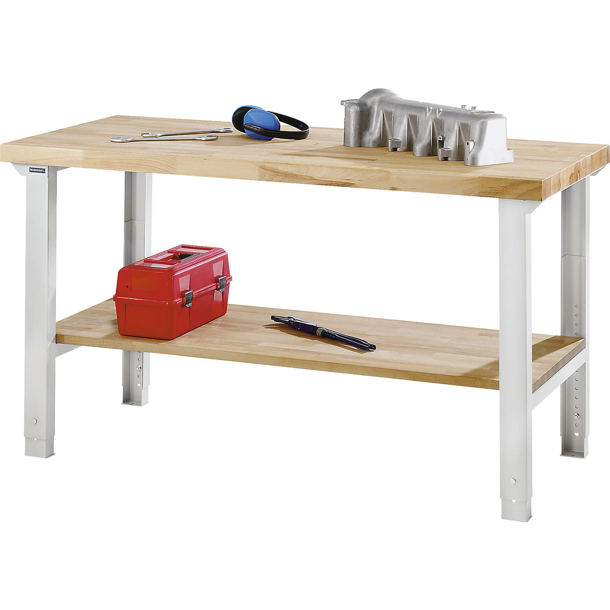 Workbench, series 7000 modular system, 1 shelf, feet, without add-on drawer units, WxD 1500 x 700 mm.