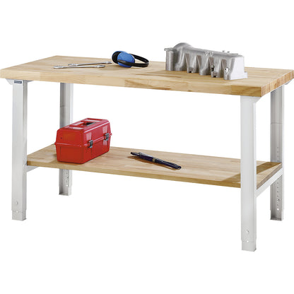 Workbench, series 7000 modular system, 1 shelf, feet, without add-on drawer units, WxD 1500 x 700 mm.