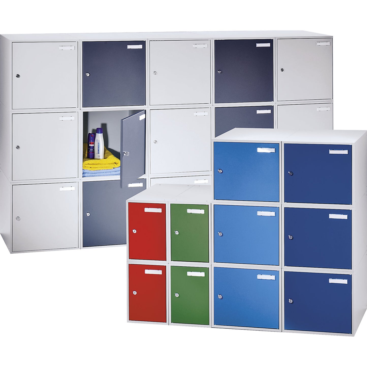 Cube locker, HxWxD 350 x 400 x 450 mm, vision panel door, light grey / flame red.