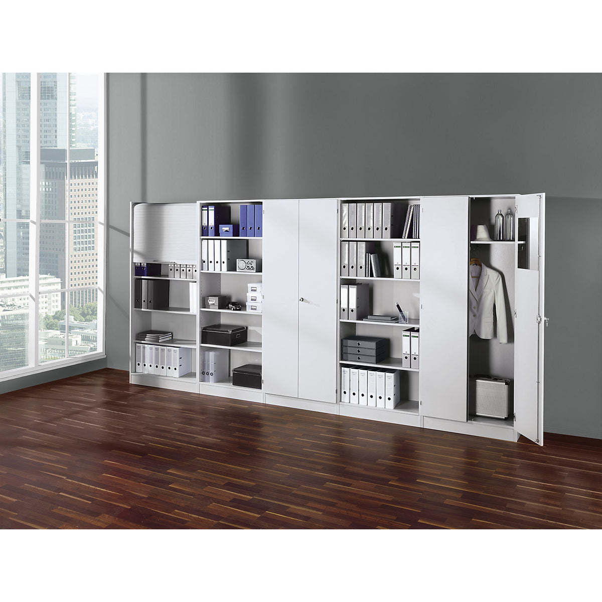 Sideboard, with hinged doors, light grey.