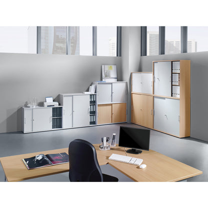 Sliding door cupboard, each with 1 shelf and 1 partition, HxWxD 748 x 1200 x 400 mm, light grey / aluminium silver.