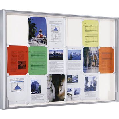 Display case, aluminium frame, sliding doors, 18 x A4, WxHxD 1330 x 970 x 50 mm, square frame corners.