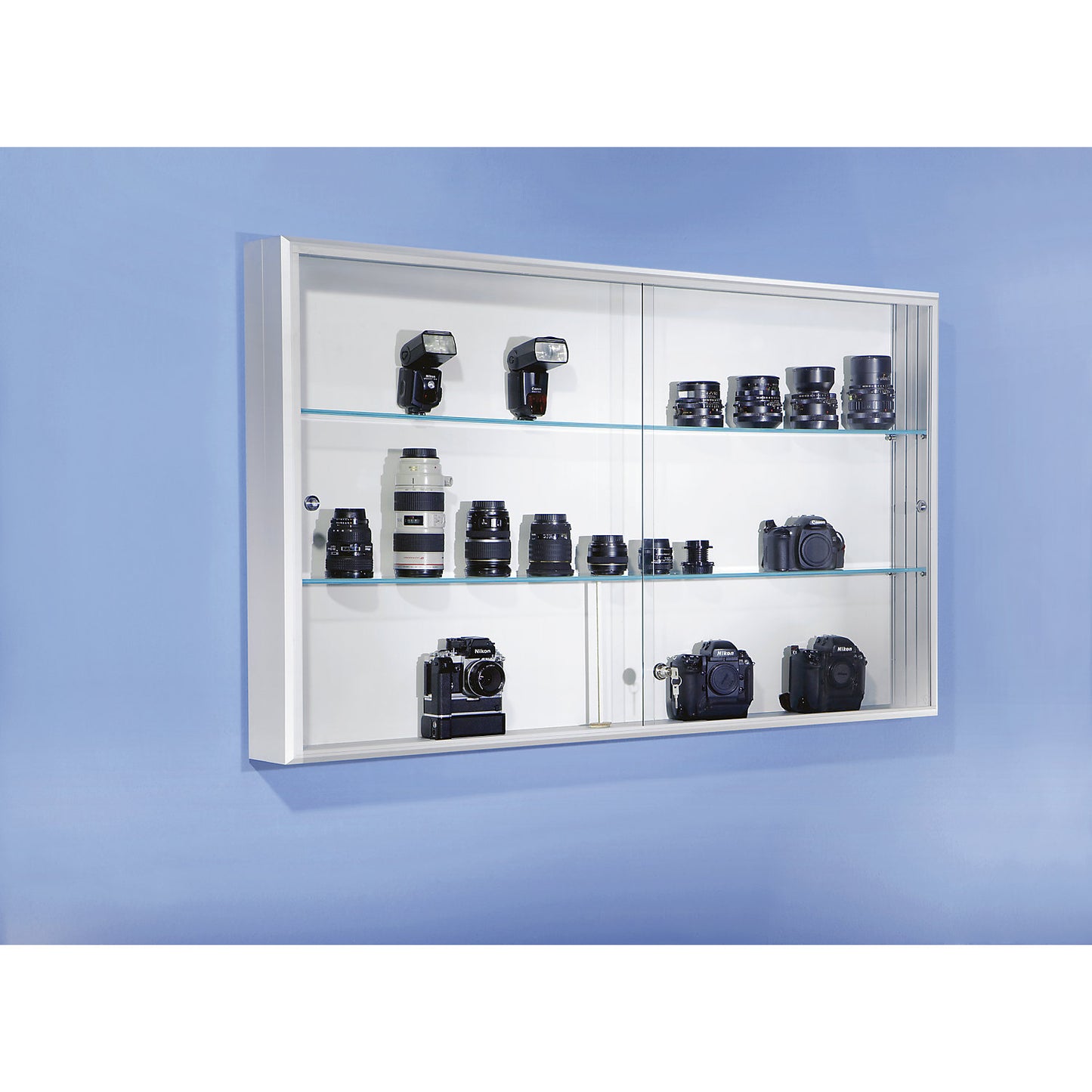 Sliding door glass cabinet, internal depth 114 mm, WxHxD 800 x 800 x 140 mm.