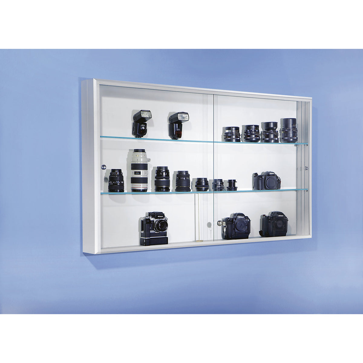 Sliding door glass cabinet, internal depth 114 mm, WxHxD 800 x 600 x 140 mm.