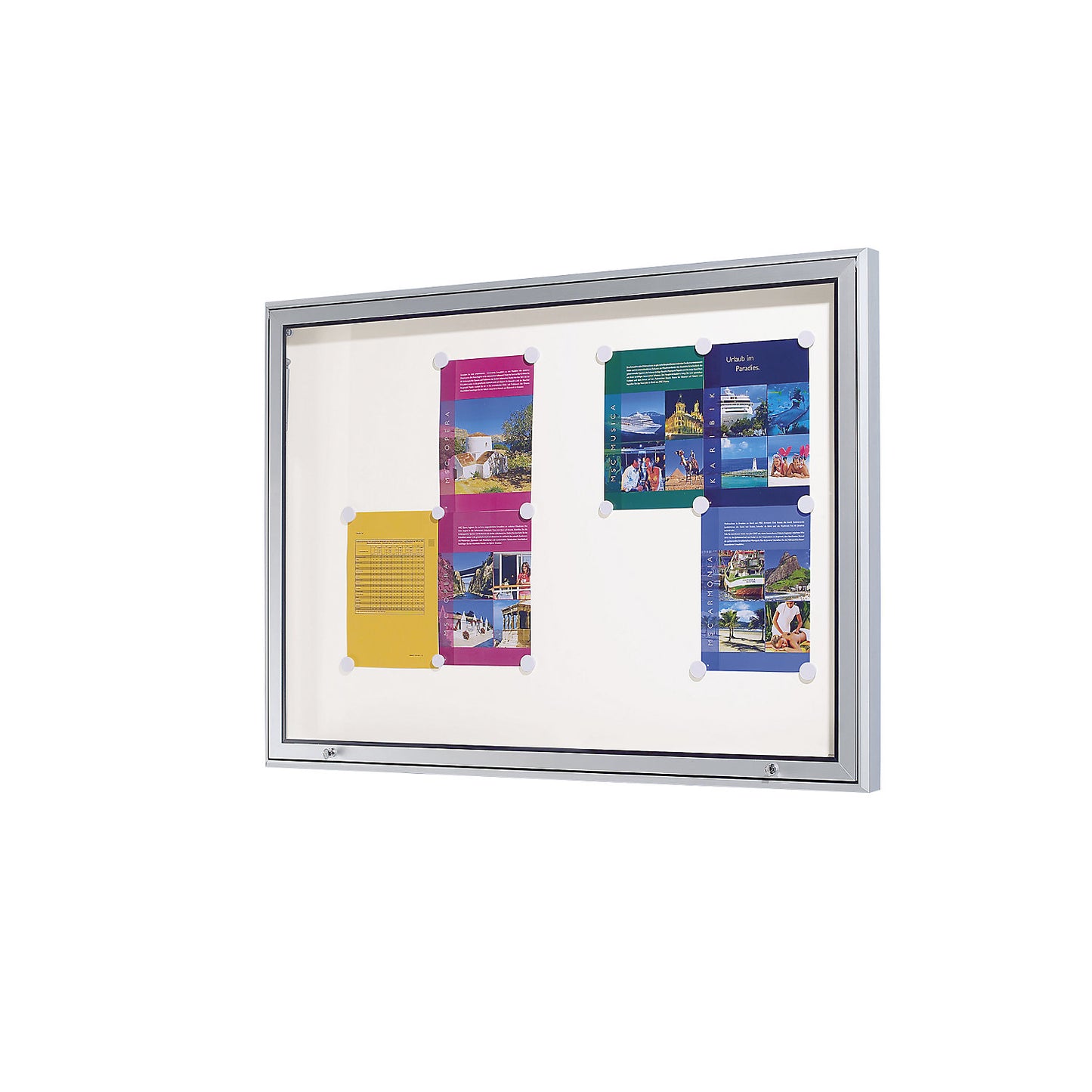 Display case, aluminium frame, for indoor and outdoor use, capacity 18 x A4 sheets, HxWxD 1010 x 1370 x 50 mm, round frame corners.