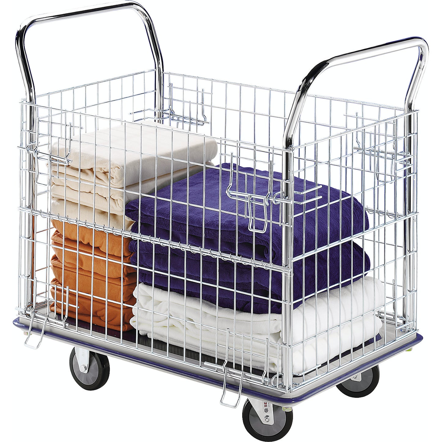 Mesh trolley, zinc plated mesh sides, with stainless steel push handles, max. load 370 kg.