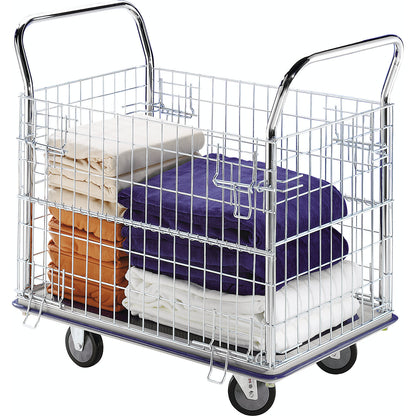 Mesh trolley, zinc plated mesh sides, with stainless steel push handles, max. load 370 kg.